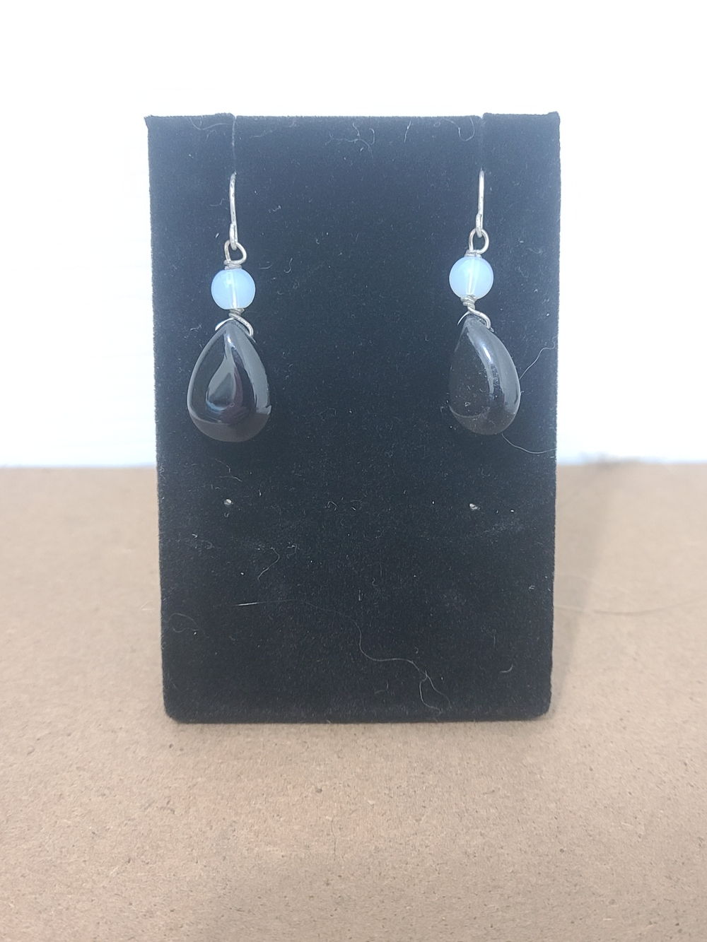Handmade Black Teardrop and Opalite Bead Dangle Earrings
